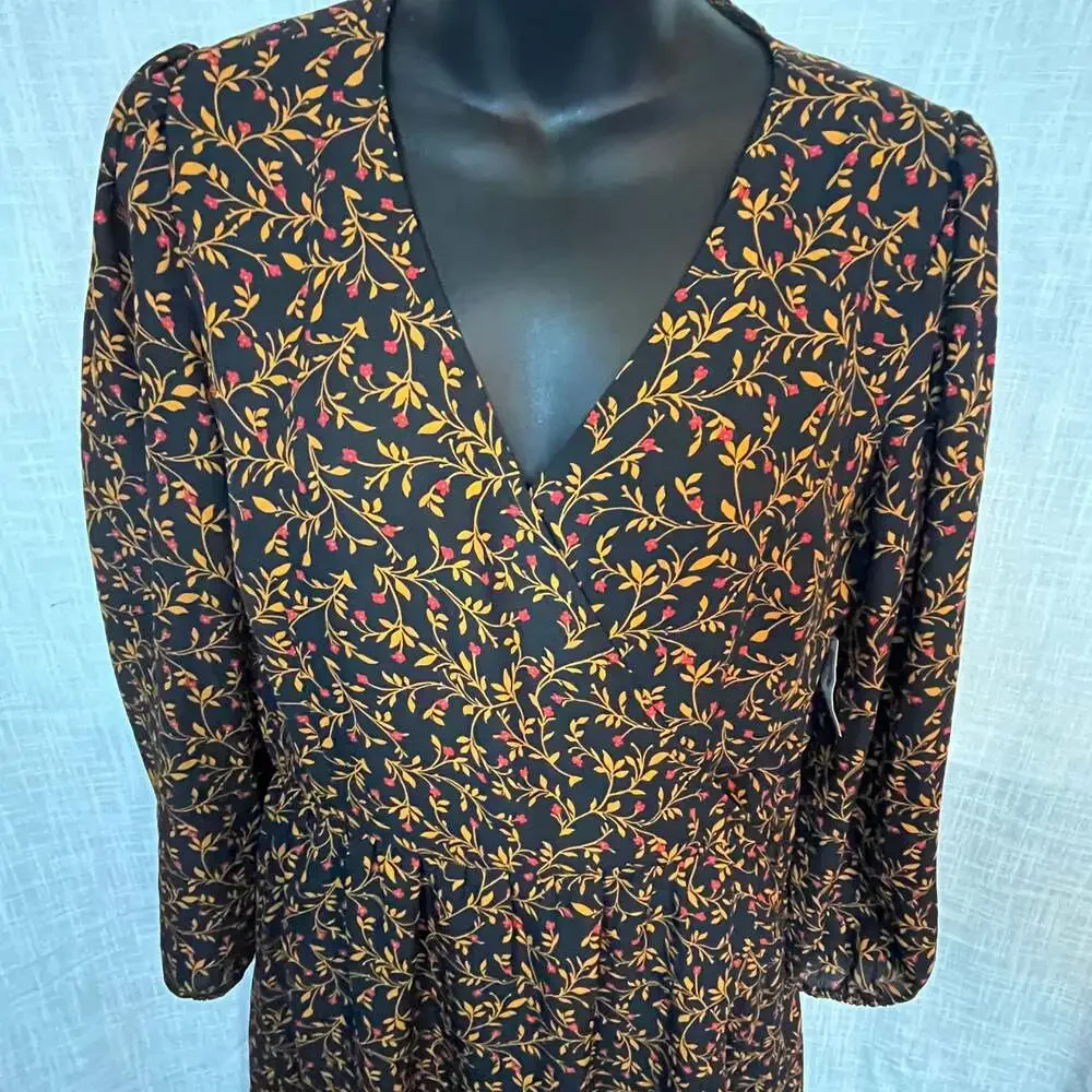 Floral Black Red Long Sleeve Faux Wrap Dress asymmetrical hem ruffle M prairie - Picture 3 of 8